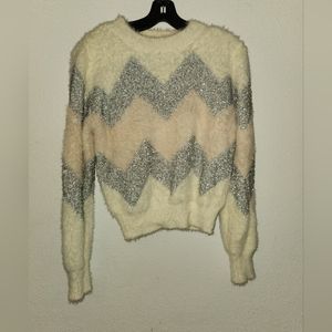 Rue21 Beige, silver, and pink fuzzy Christmas sweater